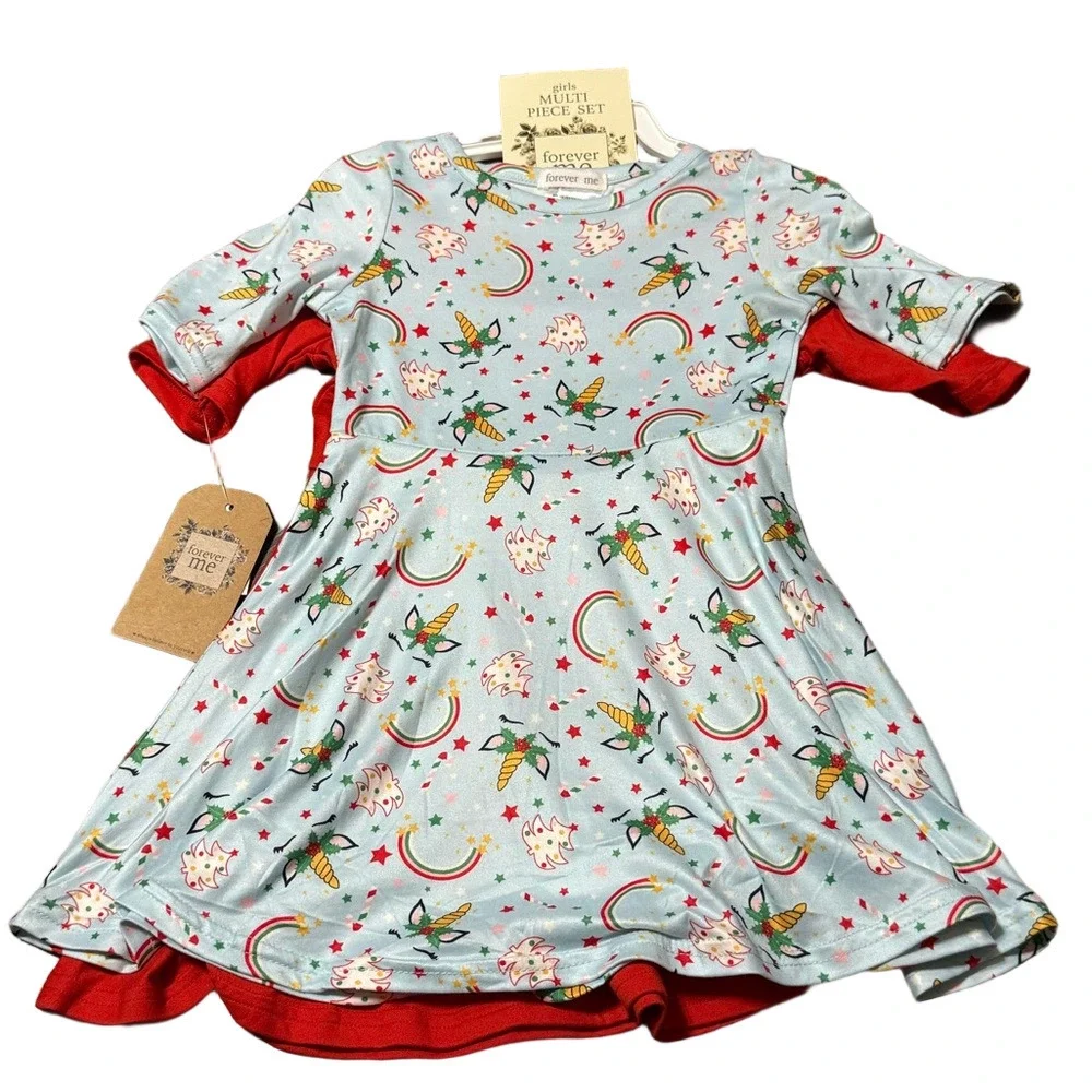 Forever Me Girls Multi Piece Set Red Unicorn Dress & Blue Unicorn Rainbow 2T